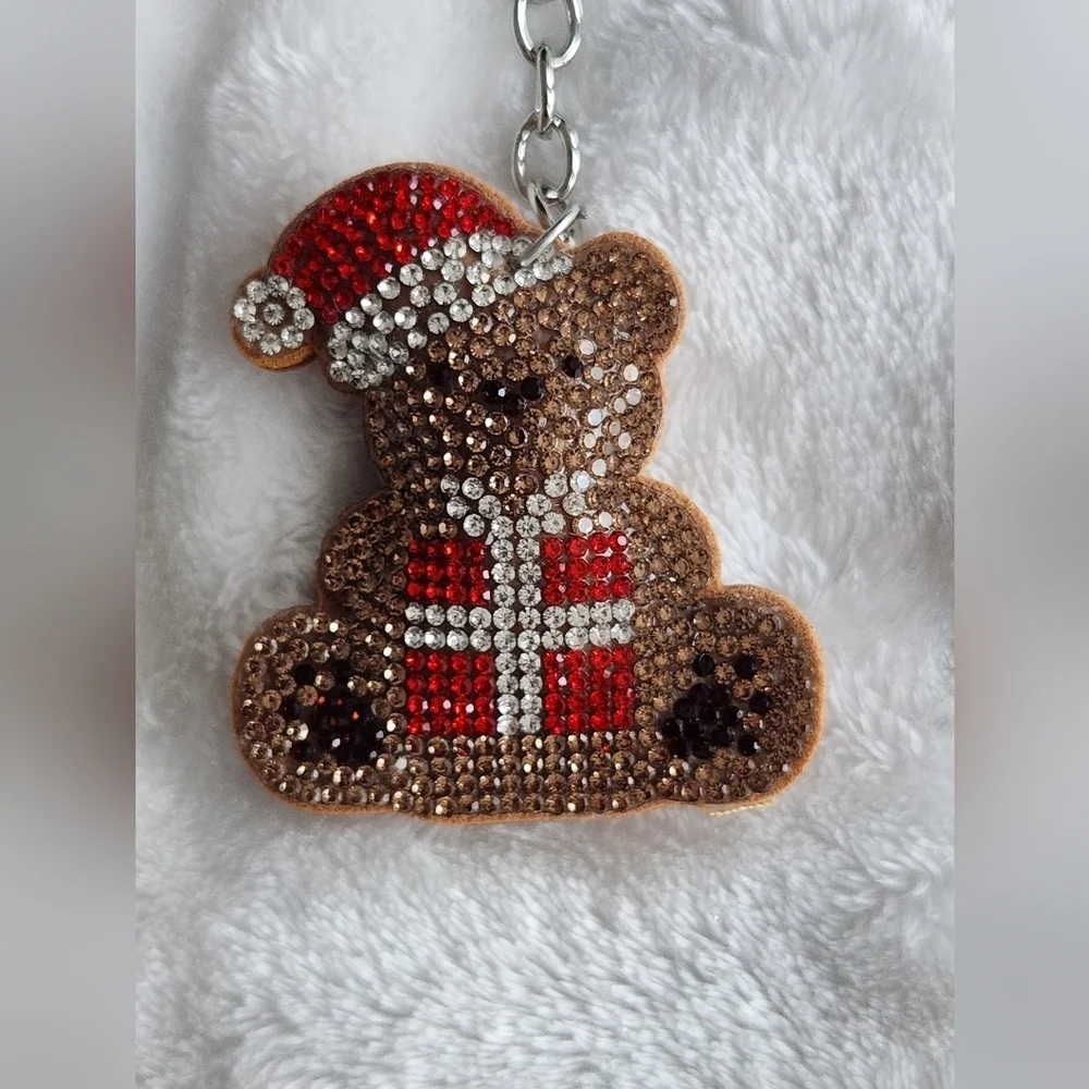 Festive Christmas Brown Bear Keychain with Red Santa Hat And Present Bag Charm